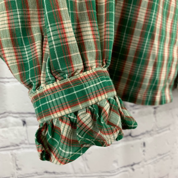 VINTAGE Blouse Button Down w/ Puff Sleeves & Ruffle Style Collar Red & Green - Picture 3 of 7